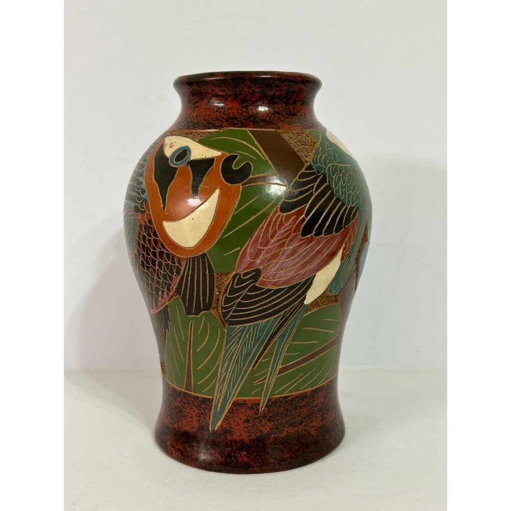 Handcrafted Ceramic Folk Art Vase Parrot & Fish Design Green Blue Red Cost Rica - Picture 5 of 10